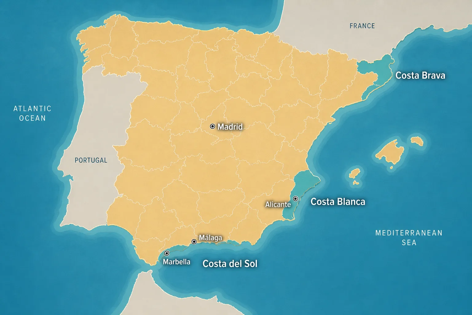 Map of Spain: regions, coasts and municipalities